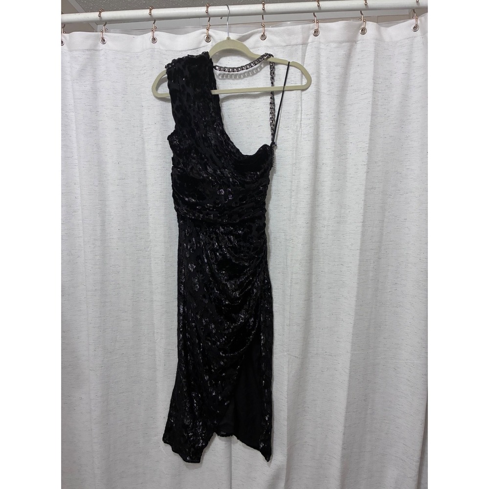 Dundas x Revolve Black Leopard Velvet One Shoulder Chain Midi Dress XS